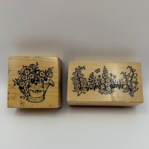 PSX Floral Watering Can D-022 Botanical Border E-321 Wood Rubber Stamp Lot Vtg